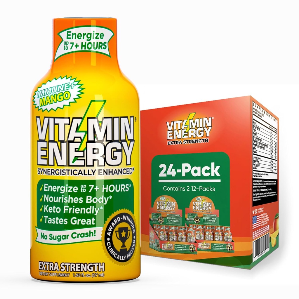 Vitamin Energy Imunní + Extra síla Energy Shot Mango 24 Pack, 260mg přírodní kofein, B-Vitamíny, Citicolin, Zelený čaj, Imunita & Focus Support, Nulový cukr, gluten- Free 1.93 fl oz
