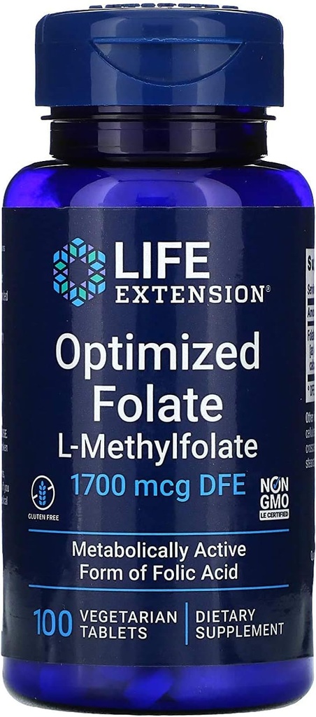 Life Extension Optimalizovaný folát L- methylfolát 1000 mcg Vegetariánské tablety 2 balení