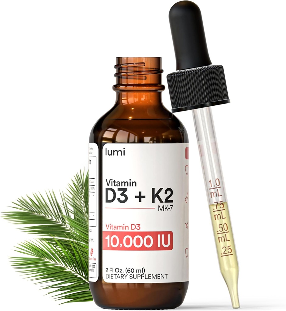 lumi Vitamin D3 K2 MK7 w Palm MCT Oil - 10000 IU D3, 200 mcg K2 MK7- 60ml Lipozomální absorpce Sublingvální kapalinové kapky - Non- GMO, Vegan, Neochucený tekutý - Měsíční zásoba - 2 Fl Oz