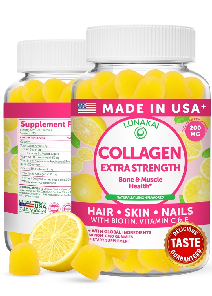 Lunakai USA Made Collagen Peptides Gummies - 200mg Non- GMO Anti- Aging Formule s biotin, zinek, vitaminy C & E pro vlasy, kůže a nehty, 60ct