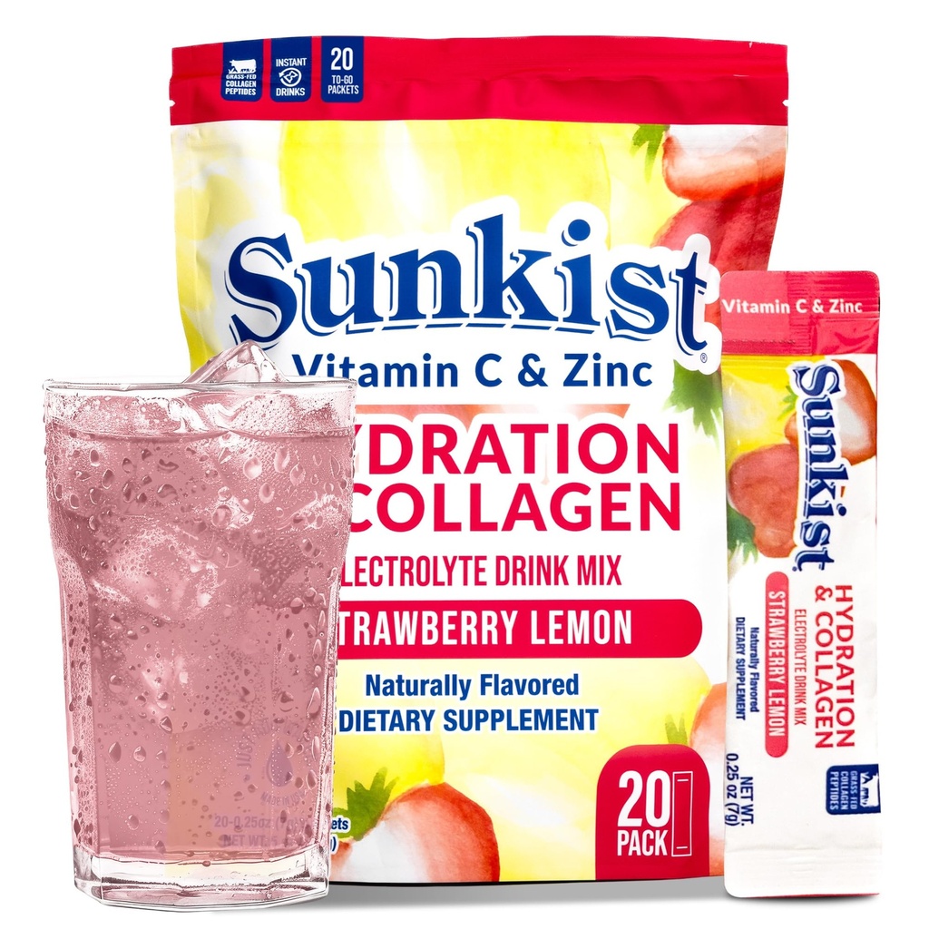 The Frozen Bean Sunkist Kolagen Drink Mix - Hydratace Jahodový Lemon Electrolyte Drink pro ženy s vitamínem C, zinek, kolagen Peptidy, přirozeně ochucené - 20 Pack