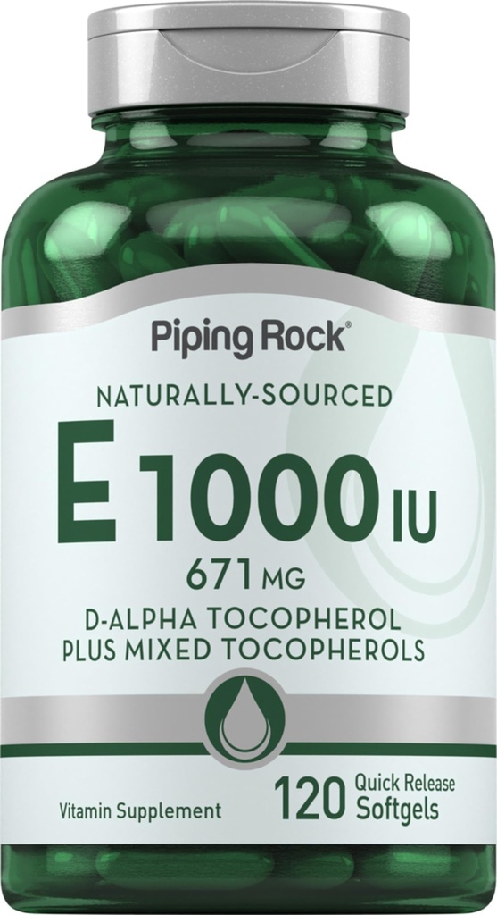 Piping Rock Vitamin E 1000 IU Softgels PHAR124; 120 Count PHAR124; s D- Alpha a smíšené Tokoferoly PHAR124; Gluten Free, Non- GMO doplněk