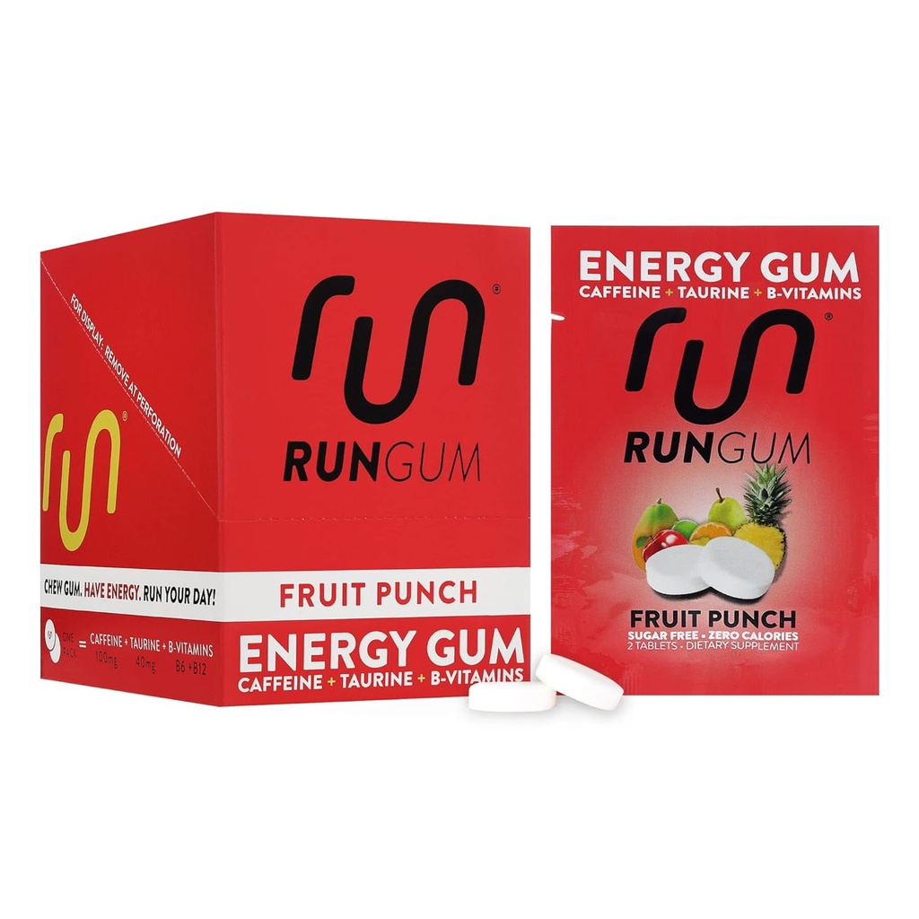 RUN GUM Ovocný punč energie žvýkání Gum 50mg kofein Taurin & B-Vitamíny per bit, 24 Kusy (balení po 12) Cukr zdarma, nula kalorie, žádné aspartam, a gluten zdarma, 1 ea