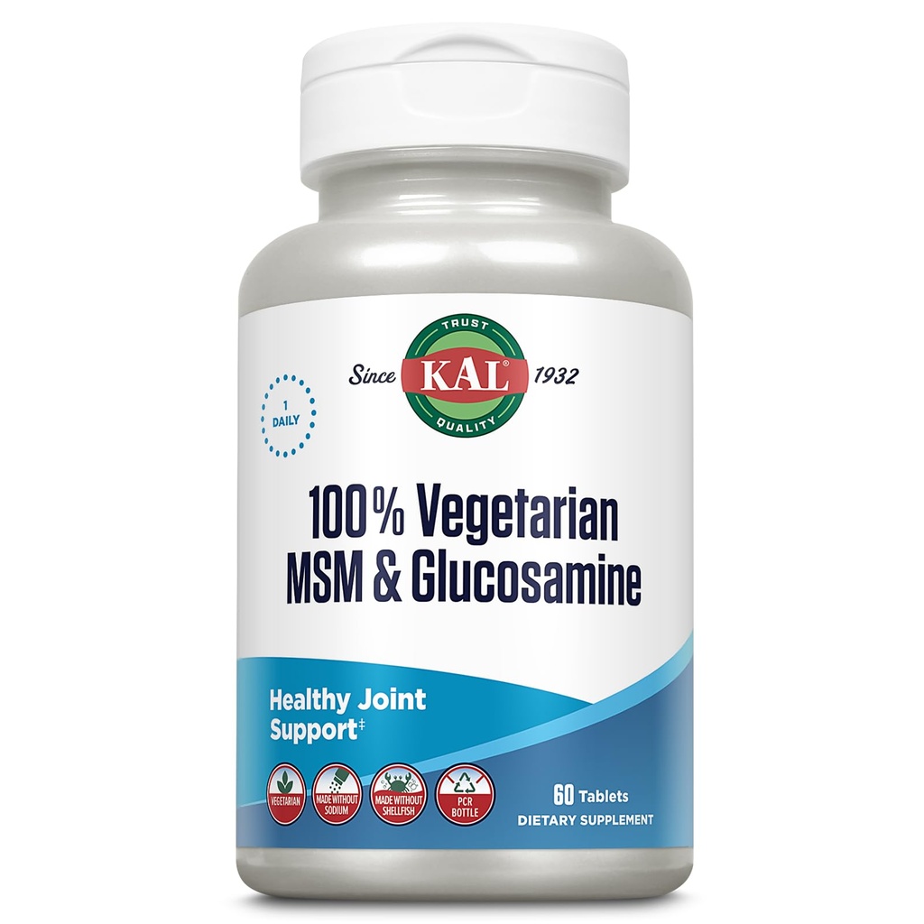 KAL 100% Vegetariánská MSM & Glucosamine - Zdravá společná podpora - Vegan Glucosamine a MSM dodatek - Vyrobeno bez měkkýšů - Laboratoř ověřena - 60denní záruka - 60 Služeb, 60 tablet