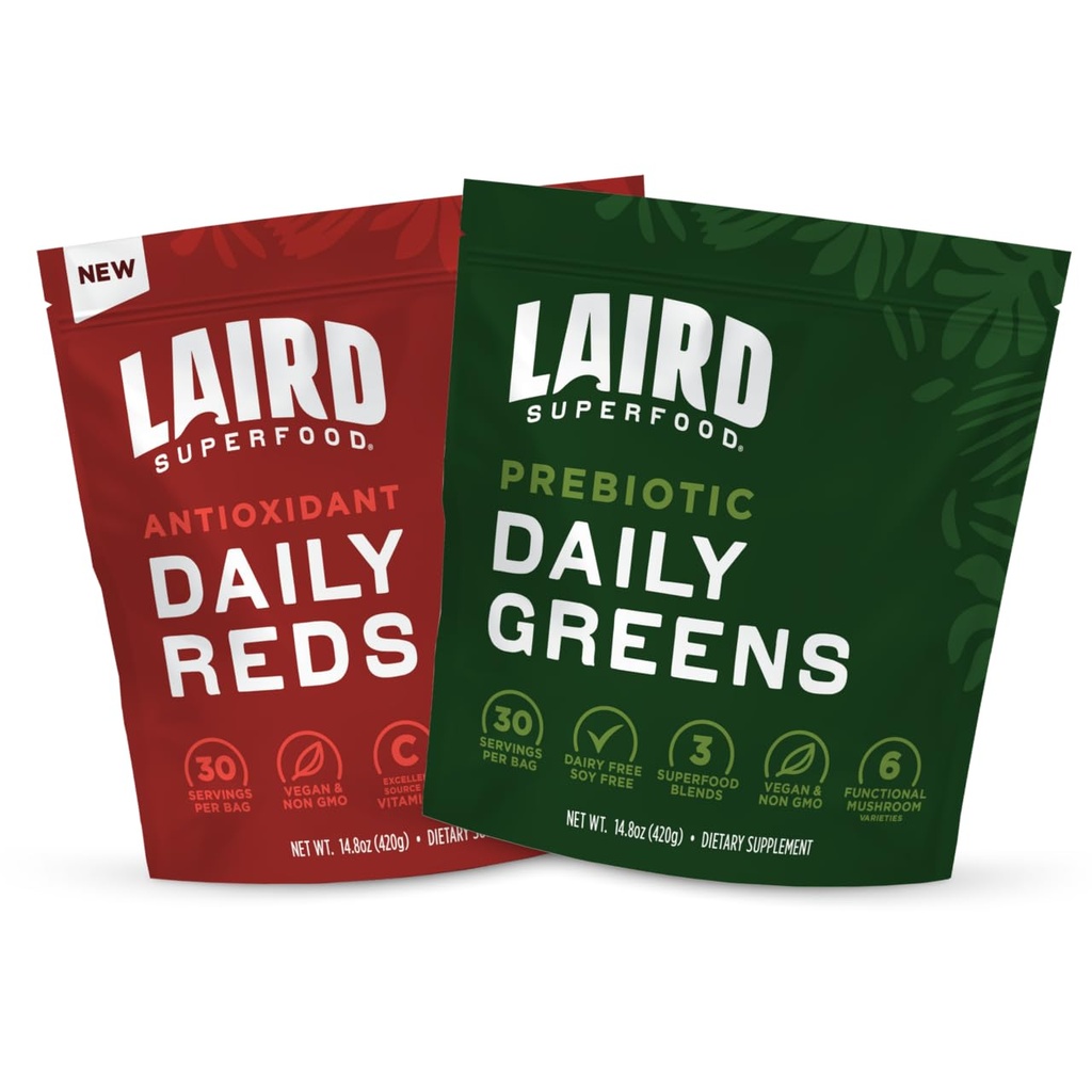 Laird Superfood Red & Green Bundle, Prebiotic Daily Green and Antioxient Daily Red Powder, 14.8oz
