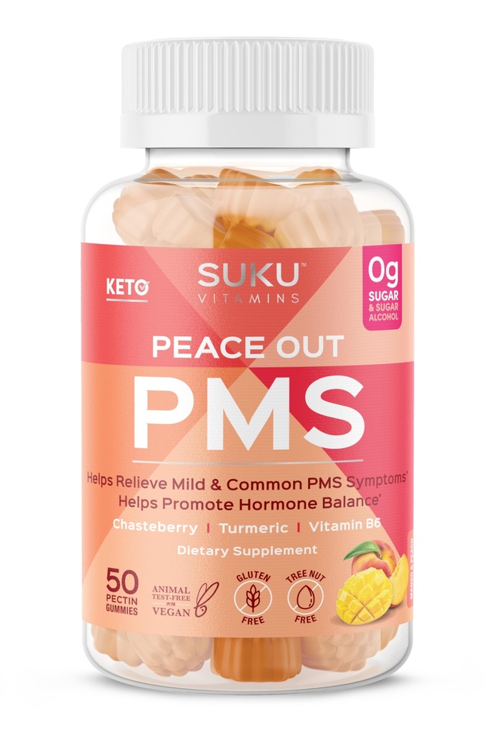 SUKU Vitamíny - PMS Gummy dodatek s Chasteberry k úlevě PMS a Menopauza Peach Mango Gummies (50 Počet)