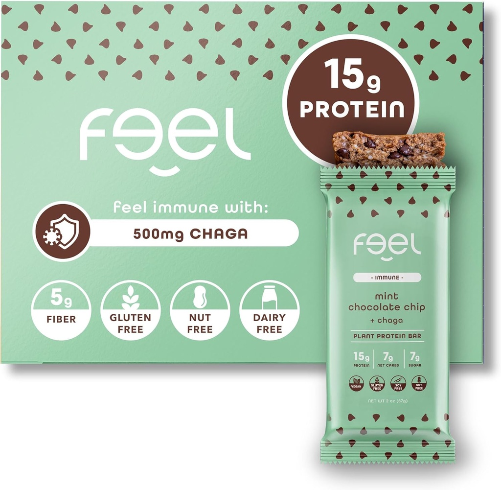 Feel Vegan Protein Bars CLANE124; Mint Chocolate Chip CLANE124; Keto CLANE124; Gluten Free CLANE124; Organic CLANE124; Chaga Mushroom CLANE124; 15g Plant Protein CLANE124; Low Carb CLANE124; High Protein CLANE124; Dairy Free CLANE124; Low Sugar CLANE124; Grain Free CLANE124; Nut Free CLANE124; Soy Free