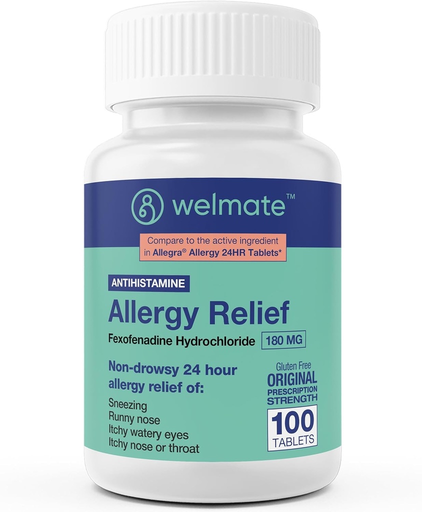 WELMATE - Alergie Relief - Fexofenadine HCl 180 mg - 24 hodin Non- Drowsy Antihistamin - Nonny Nose - Itchy Eyes, Nose & Throat - Alergie Relief Tablety - 100 Počet