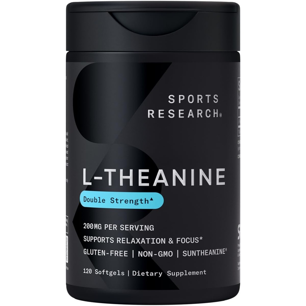 Sports Research L- Theanine 200mg s organickým kokosovým olejem 124; Suntheanine dodatek pro zaměření, relaxaci a bdělost 124; Double Strength, Non- GMO & gluten zdarma