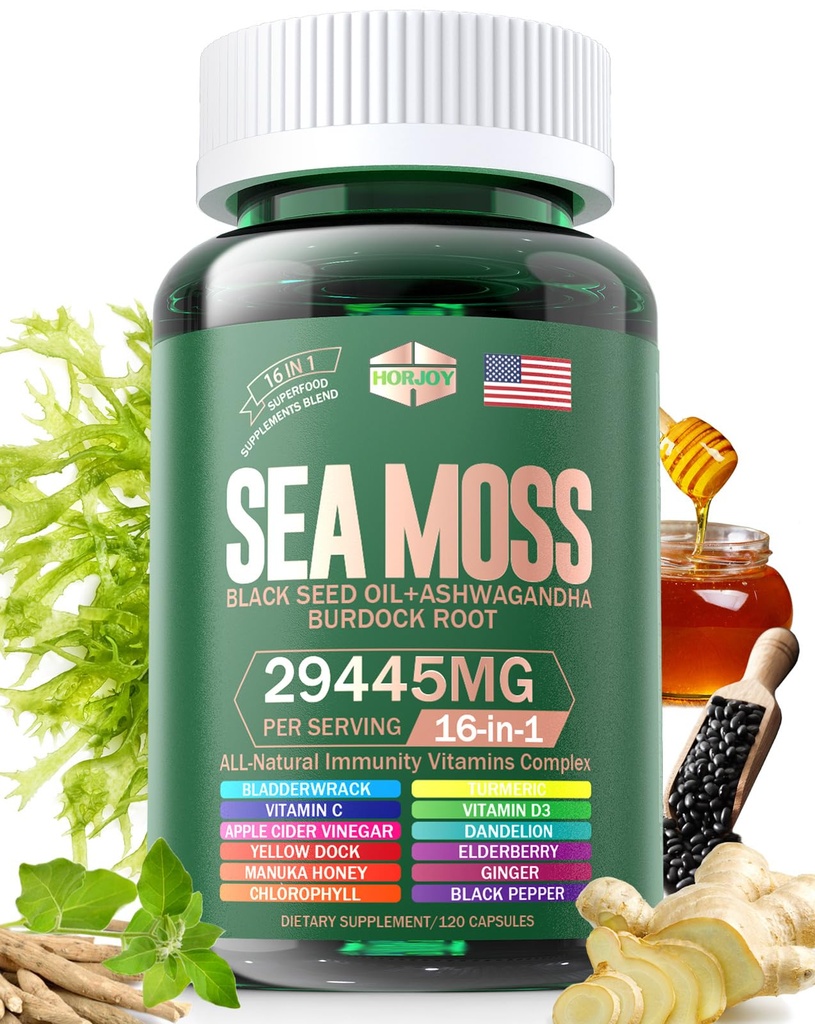 Sea Moss 12000mg Black Seed Oil 6000mg Ashwagandha 3000mg Turmeric 1000mg Bladderwrack 2000mg Burdock 3000mg & Vitamin C & D3 s Elderberry Manuka Dandelion Yellow Dock jód Chlorofyl ACV