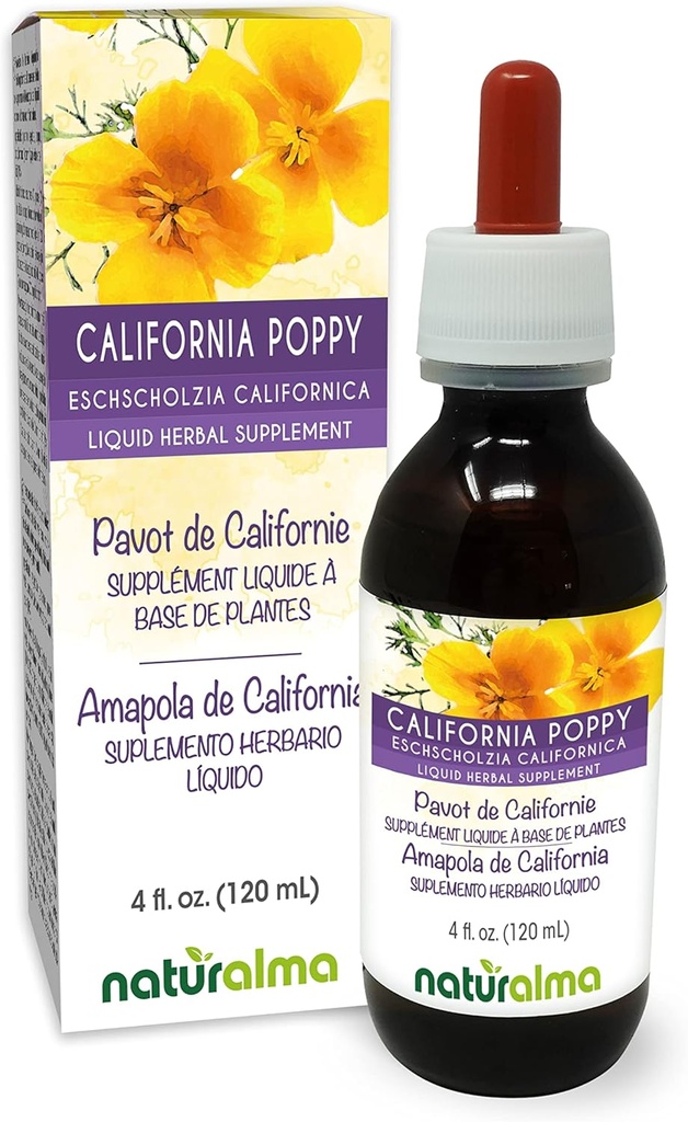 Naturalma Eschscholzia (Eschscholzia californica) bylina Alcohol-Free tinktura - 4 fl oz Liquid Extract in Drops - Bylinný dodatek - Vegan