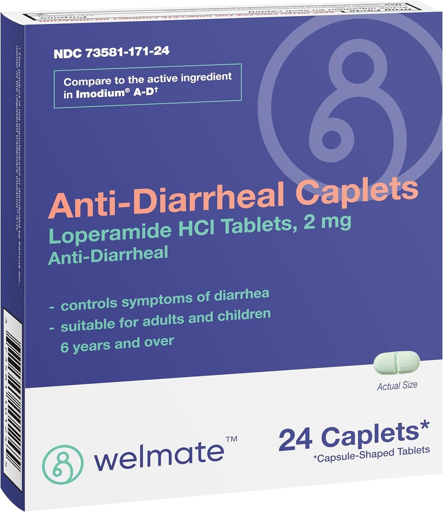 WELMATE - Anti- Diarrheail Caplets (24 Caplets) - Loperamid HCL 2 mg - Průjem Symptomatická úleva - Upset Stomach Reliever - Anti Diarrhea pilulky - Over- The- Counter Medication