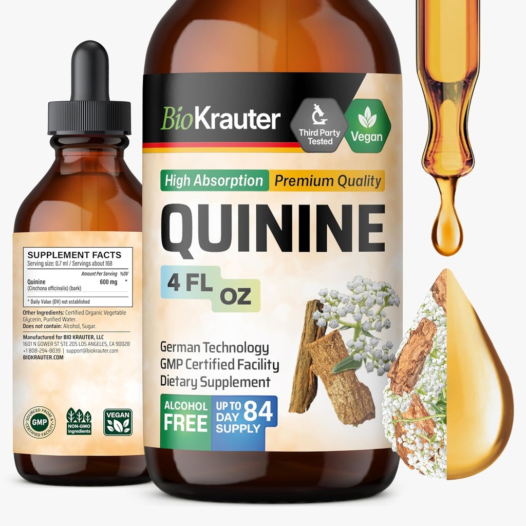 BIO KRAUTER Quinine for Leg Cramps Tincture - Cinchona Bark Extract - Vegan Quinine Liquid - Alkohol & Sugar Free Extract 4 Fl.Oz.