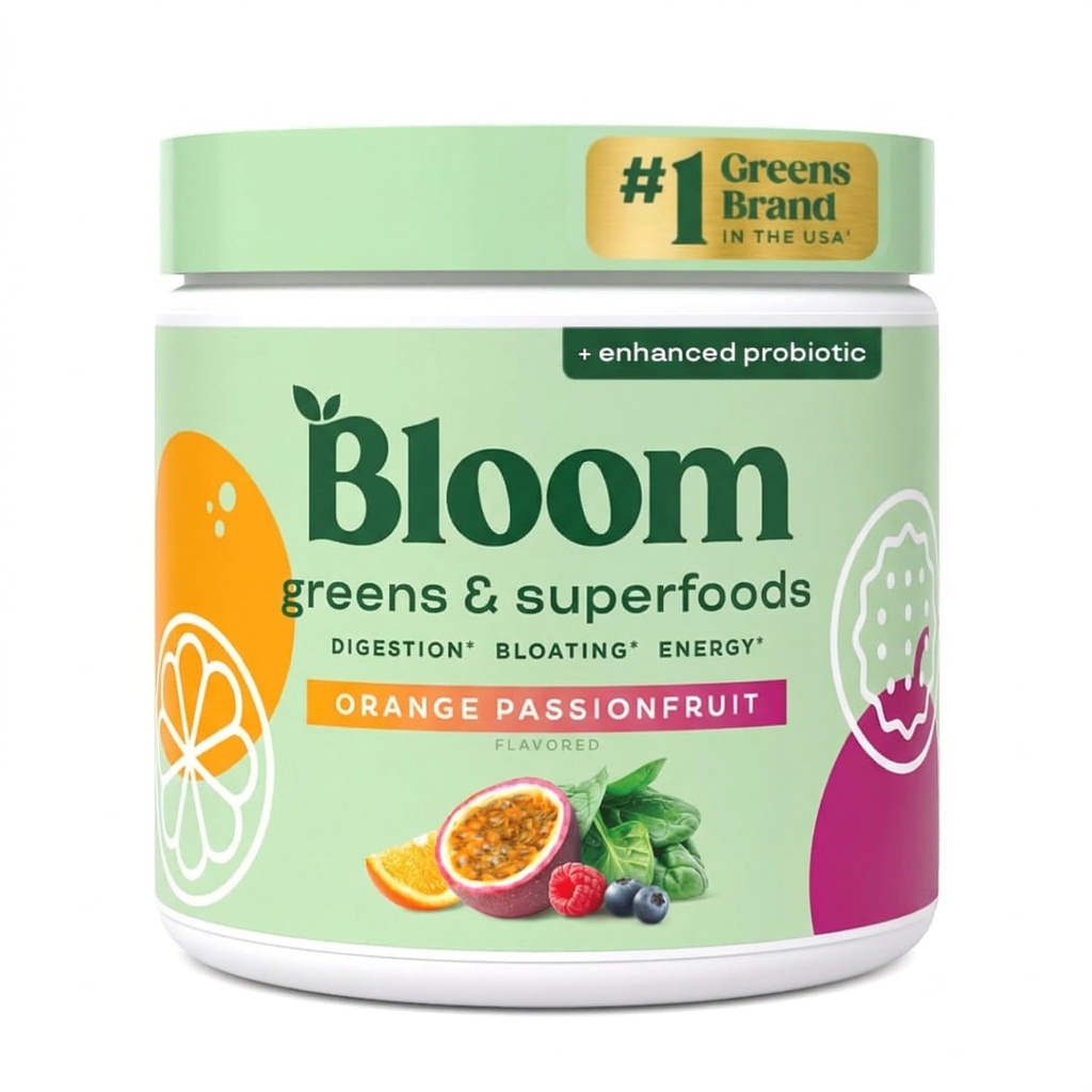 Bloom Nutrition Superfood Green Powder, trávicí enzymy s probiotika a prebiotika, Gut zdraví, Bloating Relief pro ženy, Chlorella, Juice Mix w / Beet Root Powder, 30 SVG, Orange Passionfruit