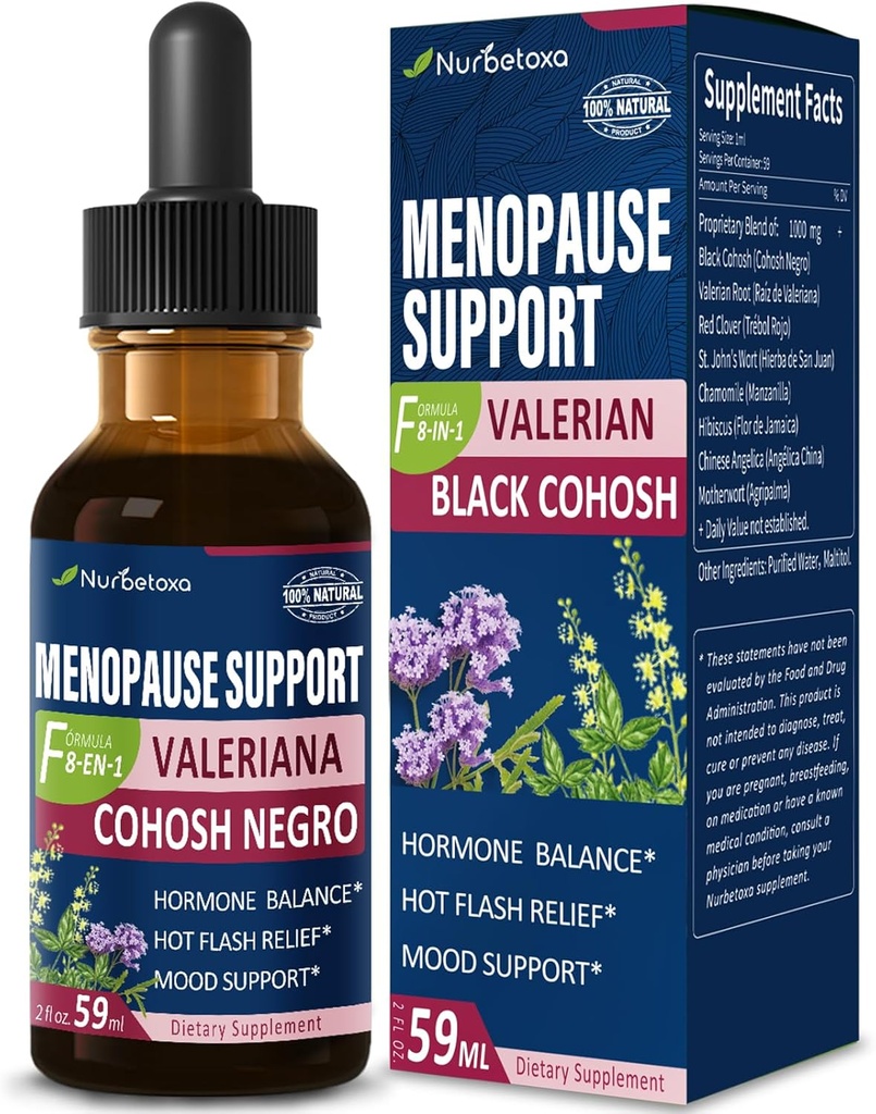 Dietní dodatek Menopauza Support Drops, Estroven Menopauza Relief tinktura pro horké záblesky & noční poty s Black Cohosh, Valerian. 2oz