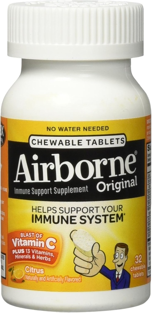 Airborne Citrus Chewable Tablety, 32 Počet - 1000mg vitaminu C - Doplněk pro imunitní podporu (Balení květen Vary)