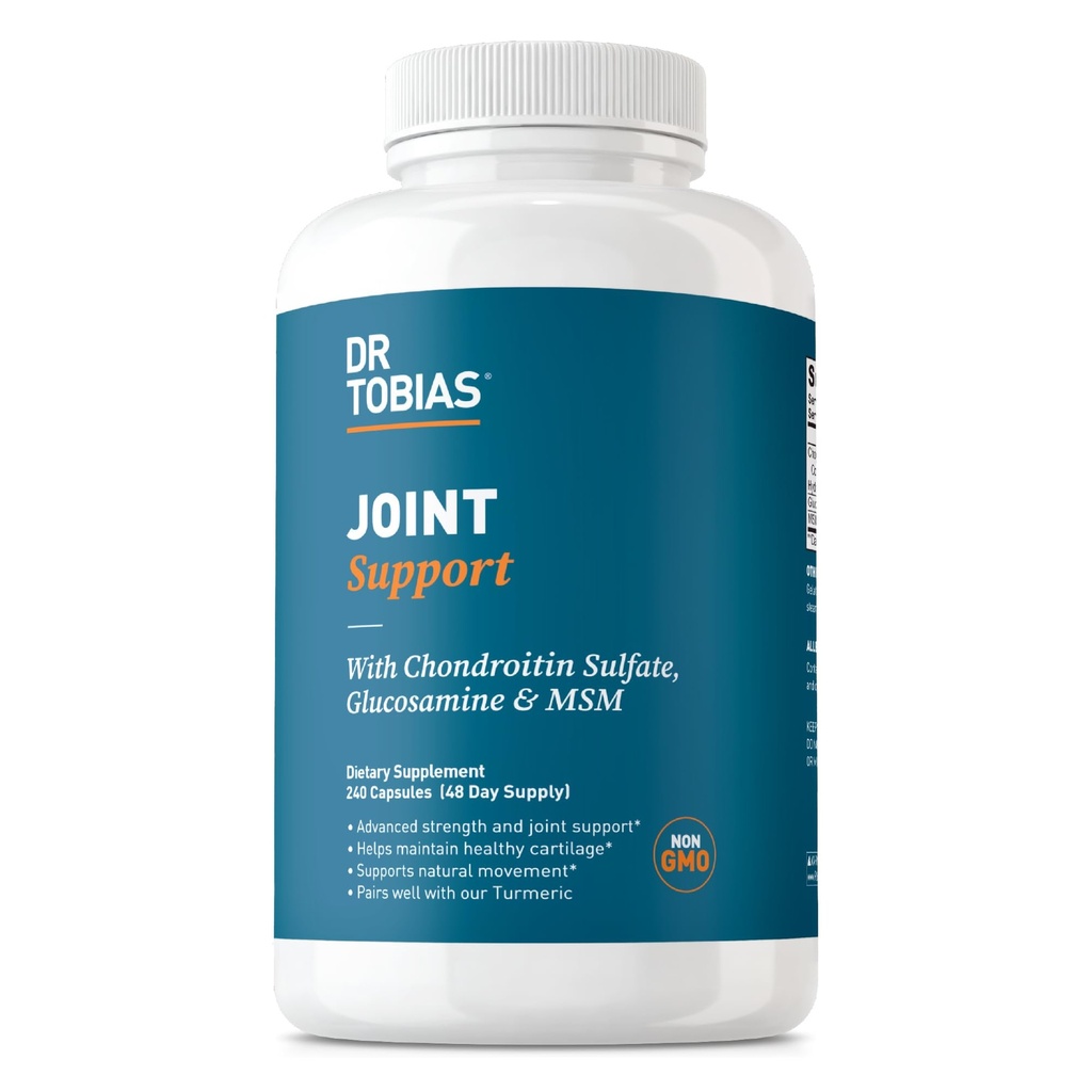 Dr. Tobias Joint Support Dodatek s Glucosamine Chondroitin MSM, podporuje připojení tkáně, funkce a pružnost, extra síla Společné doplňky pro muže a ženy, 240 Kapsle