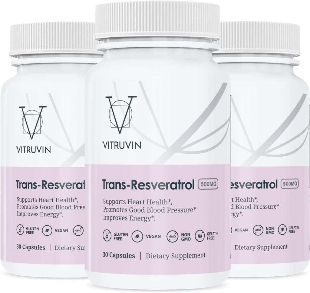 Vitruvin Trans- Resveratrol 500mg, 3 láhve Pack, Vegan, Non- GMO, gluten- Free, Gelatin- Free.