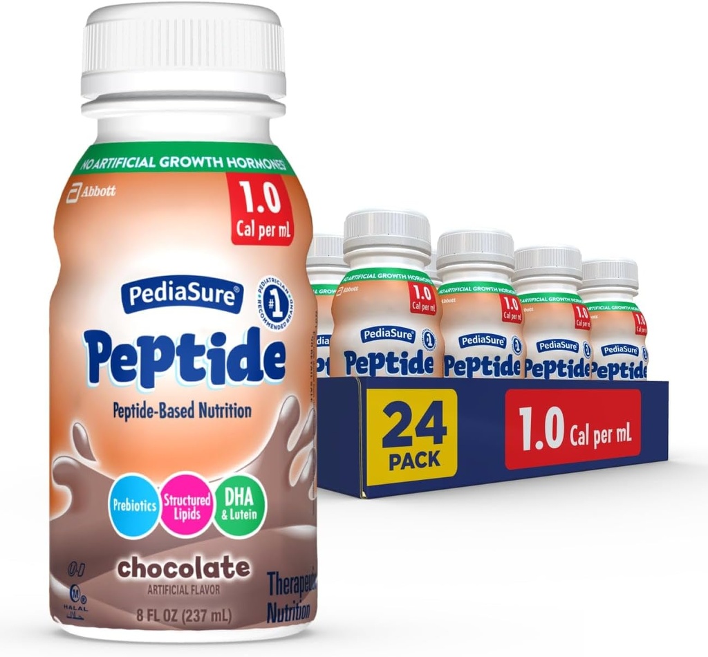 PediaSure Peptide 1.0 Cal, 24 Počet, Kompletní, Vyvážená výživa pro děti s GI podmínky, Peptide- based Formule, s 7g protein a prebiotika, pro ústní nebo trubice krmení, čokoláda, 8-fl- oz láhev