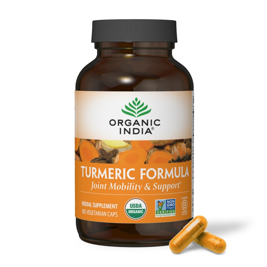 Organic India Kurkumin s černým pepřem - Organic Turmeric Supplement and Curcumin Supplement, Turmerické kapsle, Společná podpora a podpora imunitního systému, Celá kořenová, Trikatu - 180 Kapsle