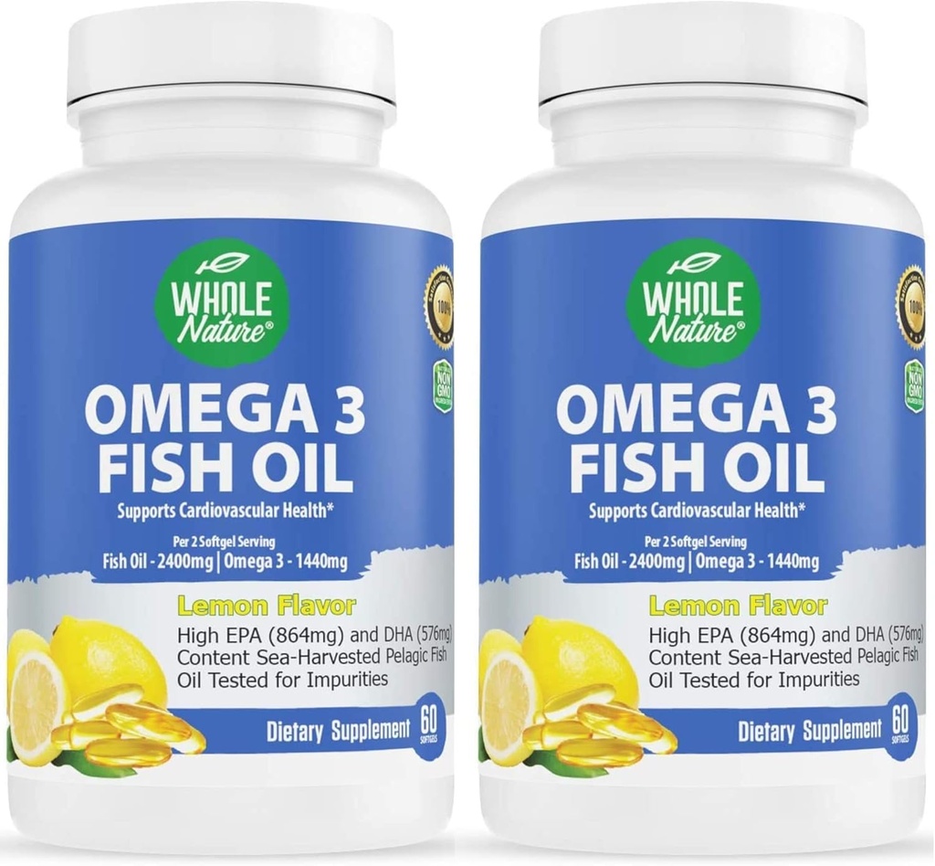 Omega 3 Rybí olej doplňky, Maximální síla 2400 mg Omega-3, 1440mg Rybí olej, EPA a DHA mastné kyseliny, srdce, mozek a imunitní podpora pro ženy a muže. Přírodní Lemon Flavor, 120ct (2)