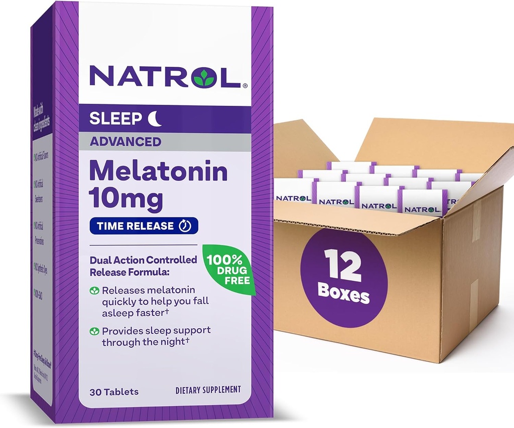 Natrol Advanced Sleep Melatonin 10mg, Dietní dodatek pro klidový spánek, Time Release Melatonin Tablety, 30 Time- Release Tablety, 30 Day Supply (Balení po 12)