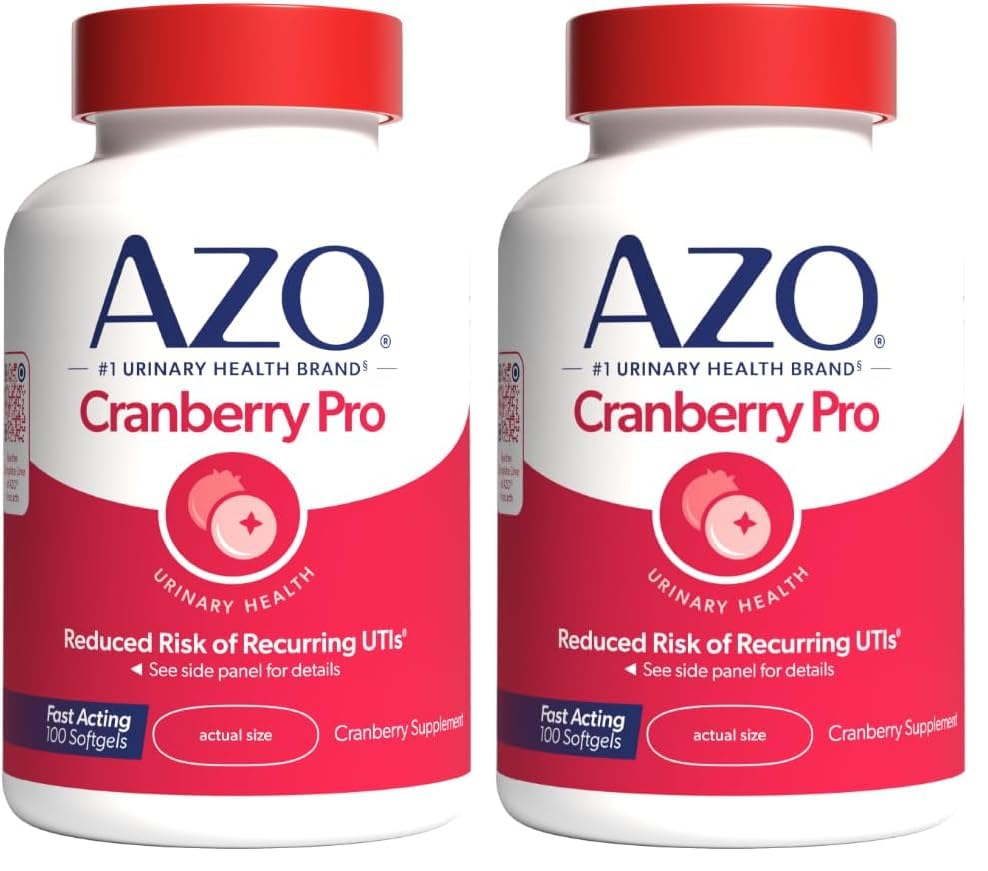 AZO Cranberry Pro Urinary Tract Health Appendix 600mg PACRAN, 1 Podání: Více než 1 sklenka brusinkové šťávy, Cukr zdarma Cranberry pilulky, Non- GMO 100 Softgels (balení po 2)