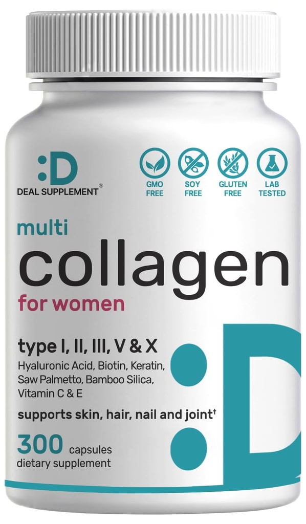 Multi kolagen pilulky s vitaminem C, E & Biotin, 300 Kapsle - Hydrolyzované kolagen Peptidy - 11 v 1 Formule se Saw Palmetto, Bamboo Silica, & Hyaluronic Acid - Vlasy, kůže, hřebík, a společné zdraví