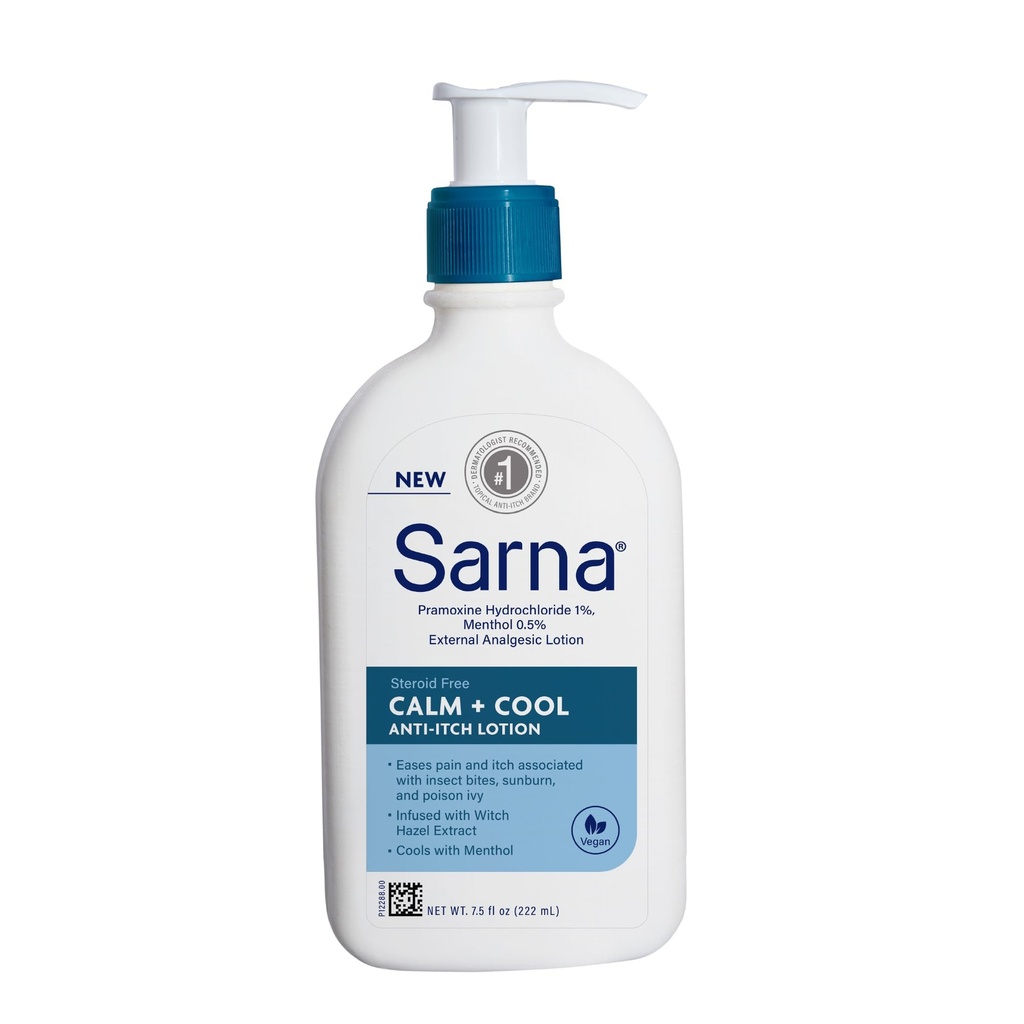 Sarna Calm + Cool Anti- Itch Lotion, Soothe and Relieve Pain and Itch from Insect Bites, Sunburn, & Poison Ivy, Obsahuje 1% Pramoxine Hydrochloride, 0,5% Menthol, Vegan, Steroid- Free, 7.5oz