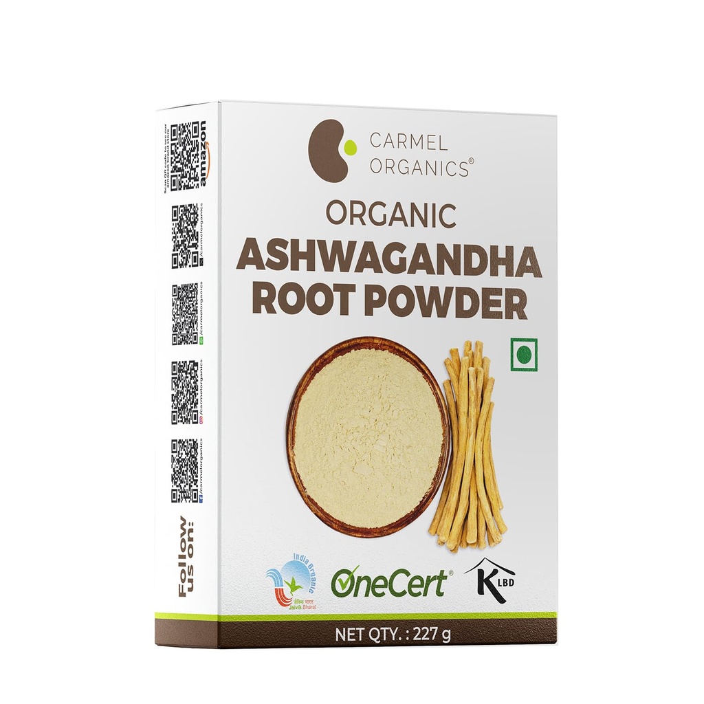 CARMEL ORGANICS Organic Ashwagandha Root Powder (8 Oz nebo 227g / 0.5 Lbs) USDA Certified. Laboratorní testování, non GMO & gluten zdarma 124; Witania Somnifera z Indie