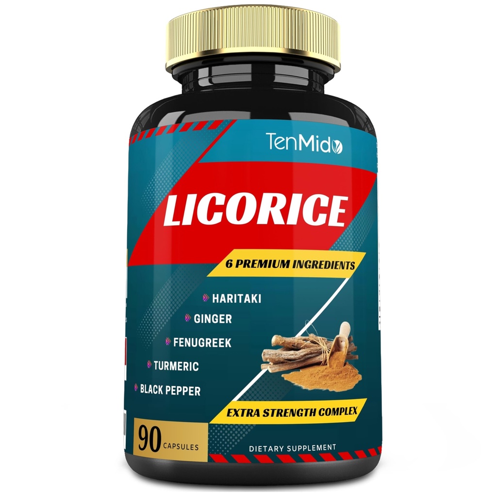 Extrakt z lékořice Kapsle s turmerickou, zázvorkou, Fenugreek, Haritaki, Black Pepper - Support Digestion Function - 90 Caps, 3 měsíce Dodávka