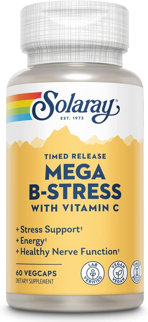 SOLARAY Mega Vitamin B-Stress, Timed- Release vitamin B Komplex s 1000 mg vitaminu C pro stres, energie, červené krvinky a imunitní podpora, 60 Den záruky, Vegan, 20 Služební, 60 VegCaps