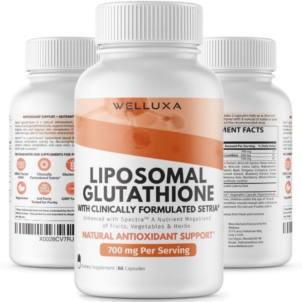 Lipozomal Glutathione (Setria ® 700 mg) - Glutathione - Glutathione Supplementary - Active Form Pure Glutathione - Enhanced Absorption - Non GMO Antioxidant, Detox, Cardiovaskulární, Imunitative Health (60 ct)