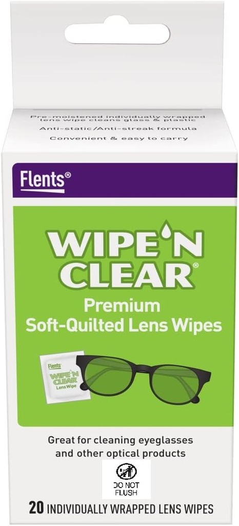 Flents Lens Wipes, Wipe 'N Clear, 20 Hrabě, Pre-vlhčený, Streak-Free, Safe for Glasses, Anti- Fog, Gentle Cleaning, Clear Vision, Individuálně zabalený pro cestování a pohodlí, Made in the USA