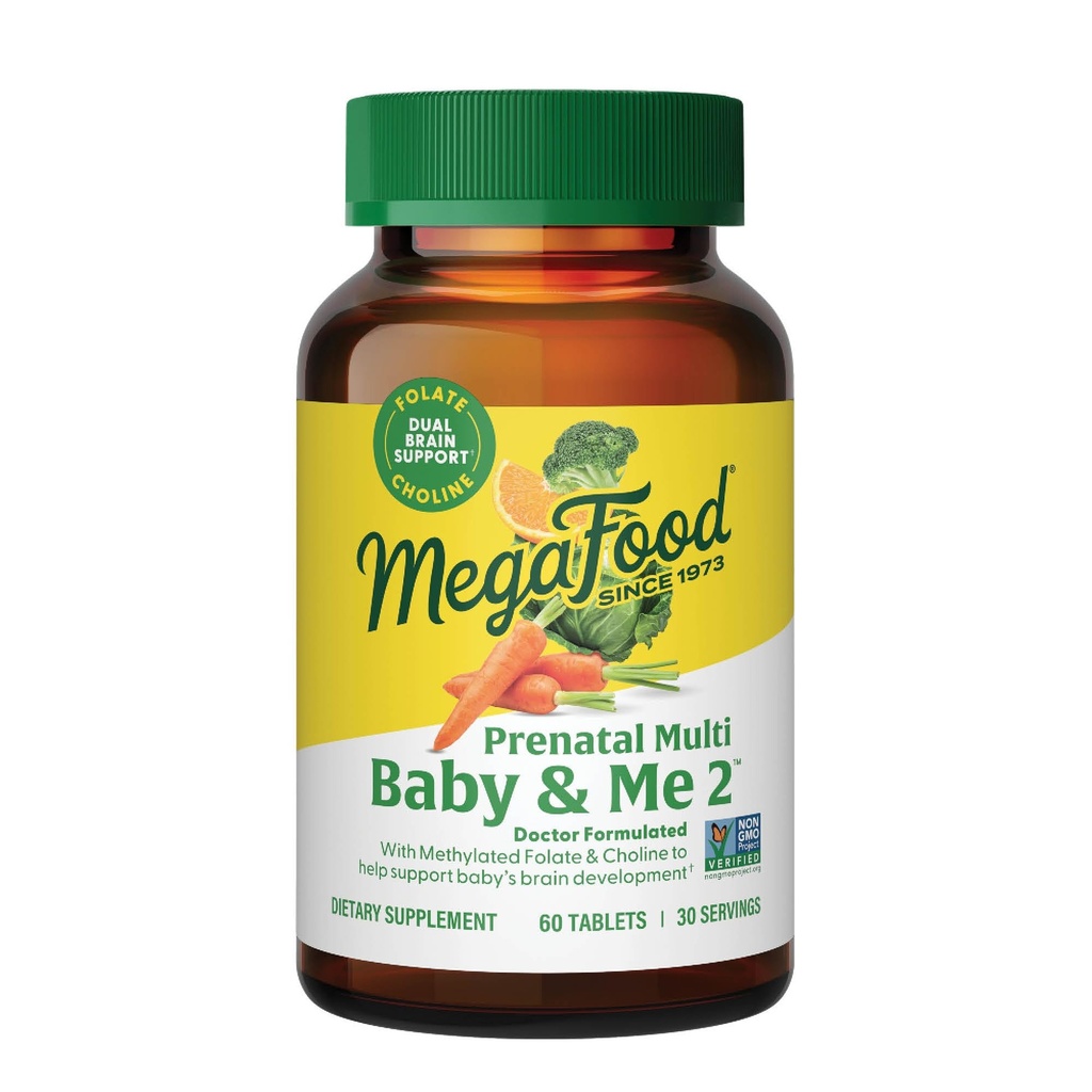 MegaFood Baby & Me 2 Prenatální vitamin a minerální látky - Vitamíny pro ženy - s folátem (přírodní forma kyseliny listové), Choline, železo, jód, a vitamín C, vitamín D a více - 60 Tabs (30 Servings)
