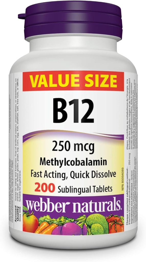 Webber Naturals Vitamin B12 250 mcg Methylkobalamin, 200 Sublingválních tablet