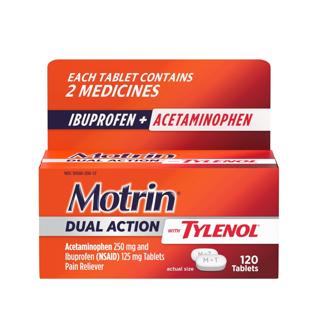 Motrin Dual Action with Tylenol, Ibuprofen & Acetaminophen Fast- acting Dual Action Pain Reliever for Minor Aches & Pains, Ibuprofen (NSAID) 125 mg & Acetaminophen 250 mg, 120 ct