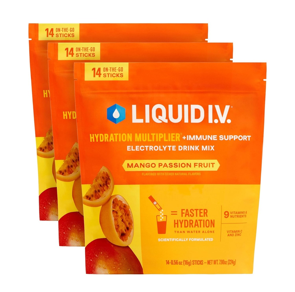 Tekutý I.V. ® Hydratační multiplikátor + Imunitní podpora - Mango Passionfruit CLAS124; Electrolyte Powder Drink Mix CLAS124; 3 balení (42 porcí)