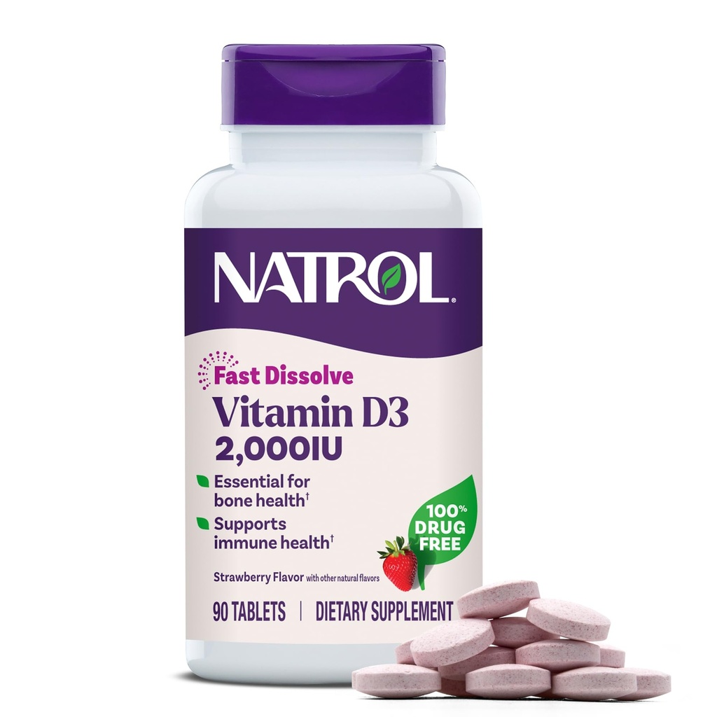 Natrol Fast Disold Vitamin D3 2000 IU, Dietní dodatek pro kosti a společné zdraví, Kostní Supplement, 90 Tablety, 90 Day Supply