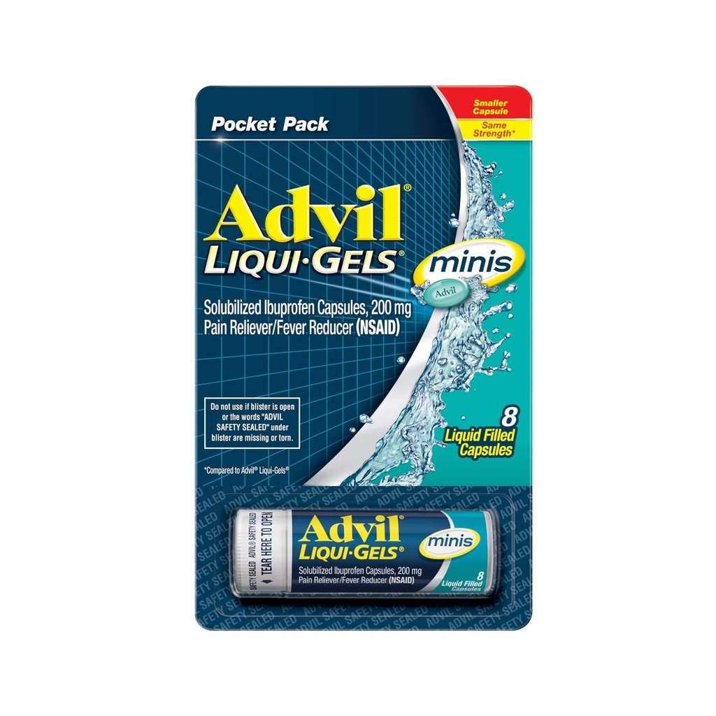 Advil Liqui- Gels minis Pain Reliever and Fever Reducer, Pain Medicine pro dospělé s Ibuprofen 200mg pro úlevu od bolesti - 8 kapalných plněných tobolek