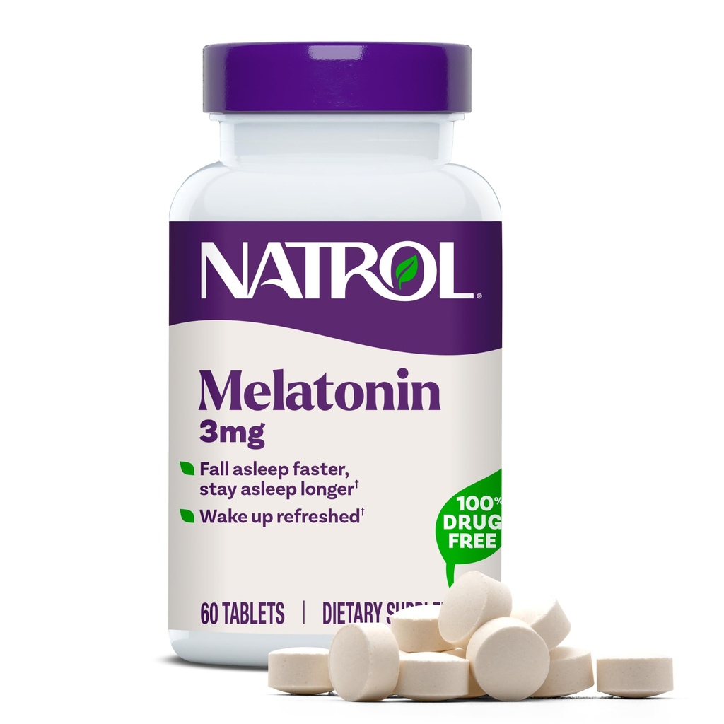 Natrol Melatonin 3 mg, dodatek stravy pro klidný spánek, spánkové doplňky pro dospělé, 60 melatonin tablety, 60 denní dodávky