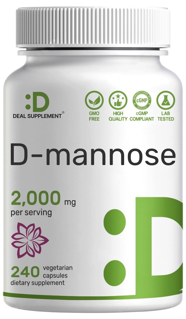 DEAL SUPPLMENT D Mannose 500 mg Kapsle (2,000mg per Serving), 240 Veggie pilulky - rychle působící vodorozpustná forma - Extra síla Močové Trakt (UTI) Podpora zdraví - Non- GMO, Vegan Friendly