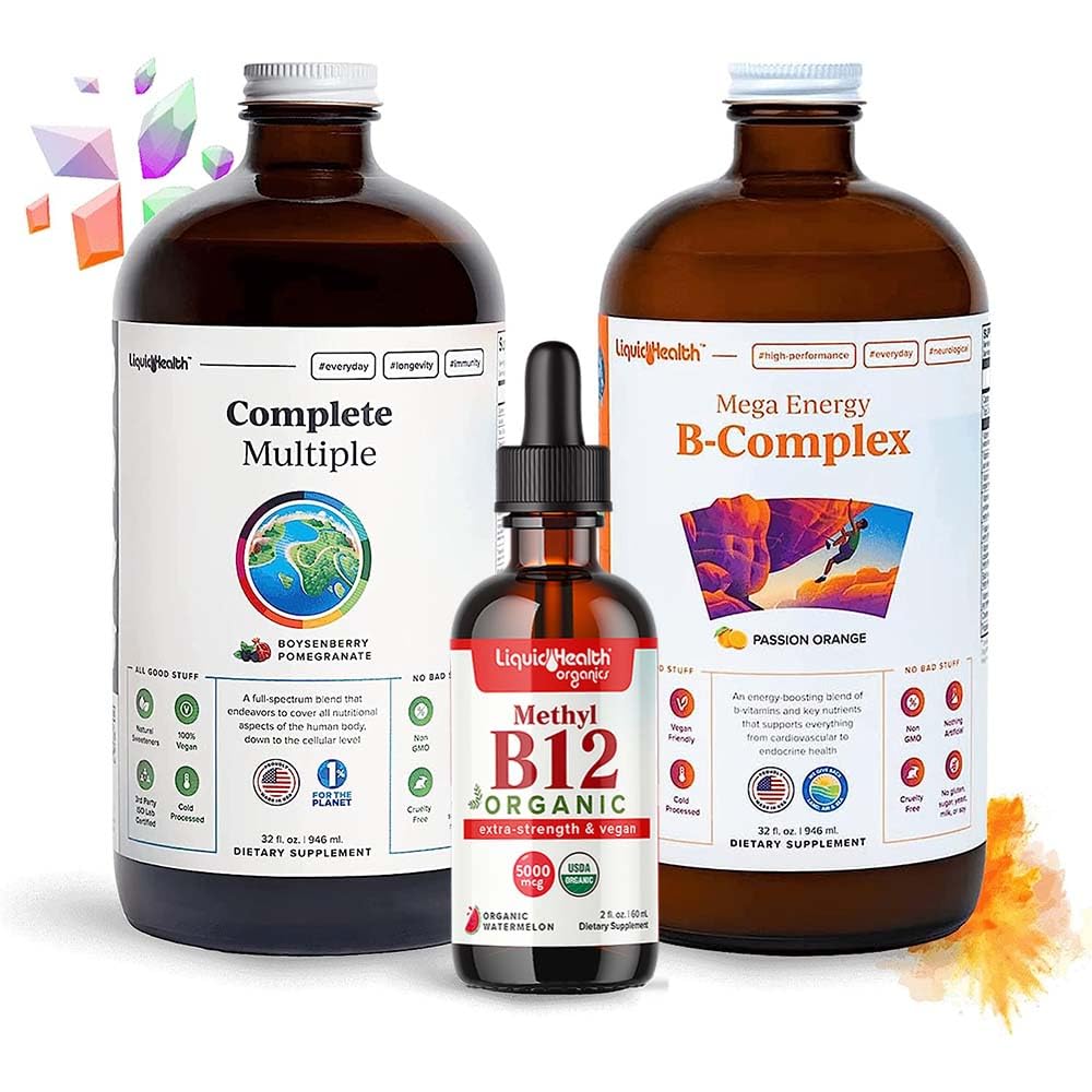 LIQUIDHELTH Vysoký výkon Vitamin Bundle pro dospělé s Mega Energy B-Complex, Kompletní více Multivitamin & Organic Vitamin B12 Kapky - Zvýšení přírodní energie a zlepšit atletický výkon