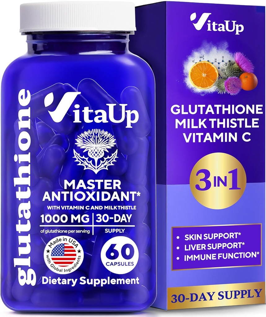 Snížený doplněk Glutathione 1000mg - USA Made Glutathione Kapsle s vitaminem C & Mléčné Thistle pro péči o játra, Kožní podpora & Imunitní Well- Bytí - 60 Počet