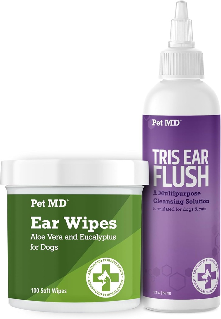 Pet MD Dog Ušní čisticí ubrousky s Aloe a Eucalyptus + Veterinary Tris Flush Cat & Dog Uar Cleaner