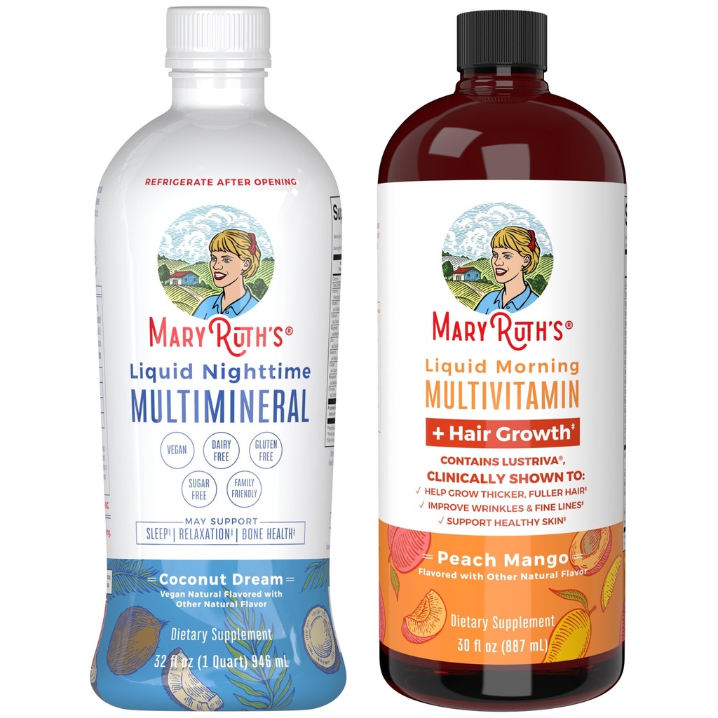 MaryRuth 's Nighttime Multimineral (Coconut, 329oz) & Multivitamin Liquid + Hair Growth (Peach Mango, 30oz) Cloth124; Clean Label Project Ověřený ® Cott124; Bedtime Routine & Beauty Cotting124; Sugar- Free, Vegan, Gluten- Free