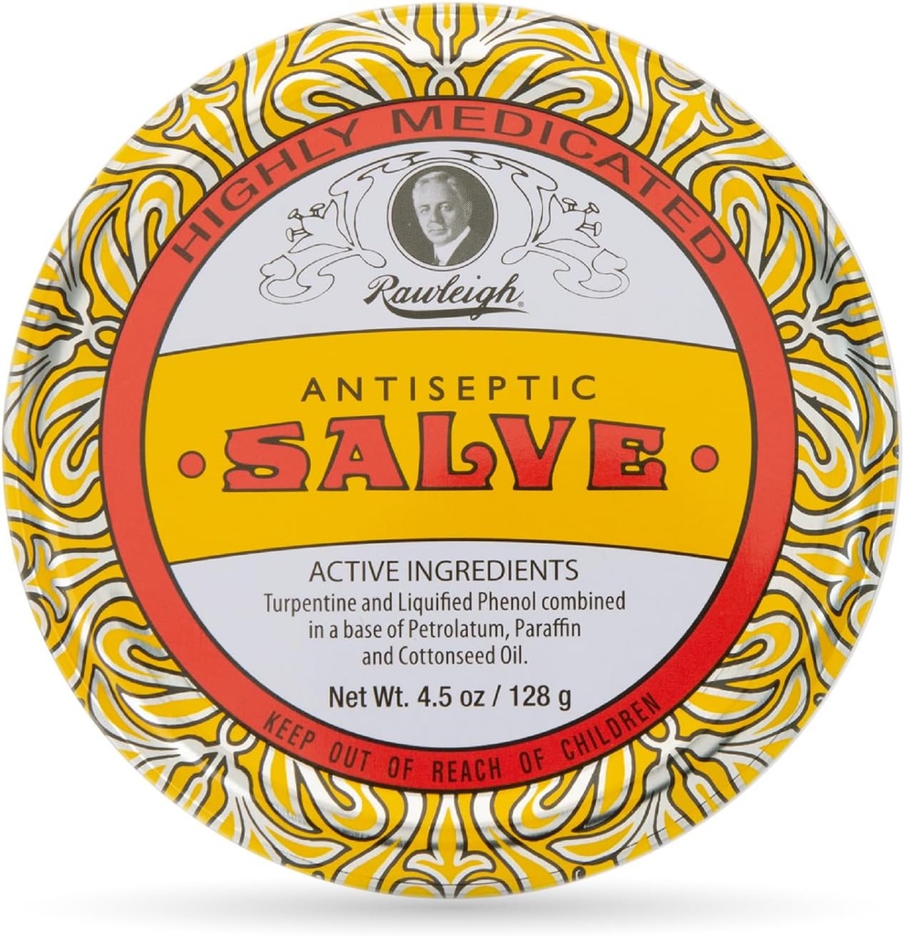 Rawleigh Antiseptic Salve Iconic Yellow Big Tin: 4.5 oz, Natural, Multi- Purpose Ointement Soothes Skin Cut, Bruises, Irritations, with Turpentine, Phenol, Cottonseed Oil, Original Formule - Balení po 1