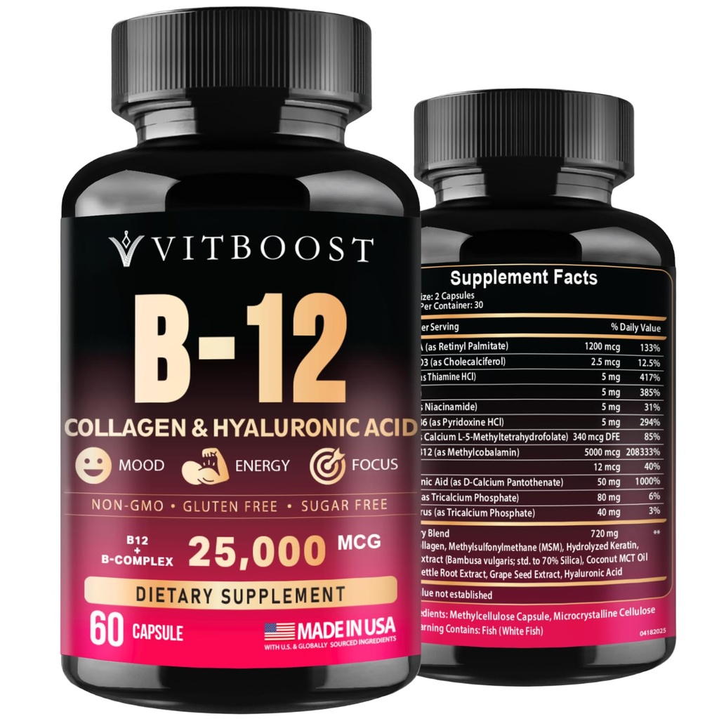 B12 s hyaluronovou kyselinou, kolagenem a folátem - 25000 mcg B12 Complex CLAS124; Maximalizovat Absorpci & Energy CLAS124; Gluten Free USA Made, B1, B2, B3, B6, B7, B12 Vitaminy 5000 mcg methylkobalaminu - 60 Kapsle