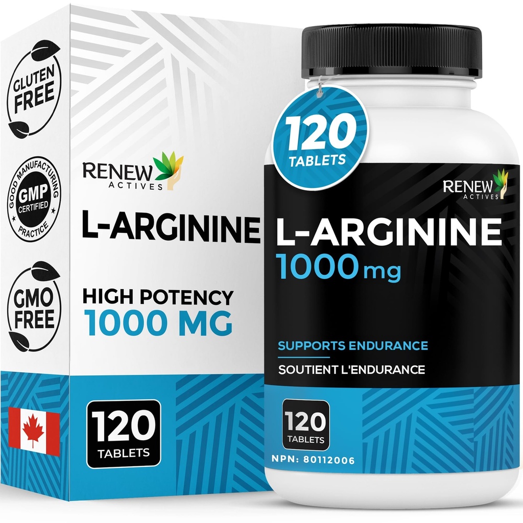 Renew Actives L- Arginin dodatek 1000MG pro obsluhu - Síla a vytrvalost, esenciální pro syntézu proteinů a svalové funkce, Fyzikální výkon Booster - Made in Canada - 120 Tablety