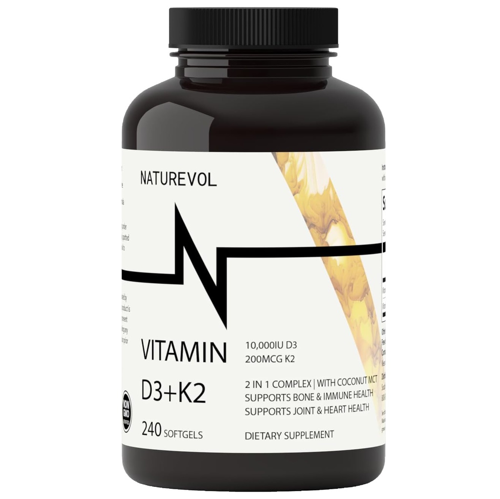 Vitamin D3 + K2 s kokosovým olejem - D3 10 000 IU & K2 (MK- 7) 200 mcg CLAS124; 2- in-1 High Potency Support for Bone & Imunitary Health CLAS124; Easy to Swallow CLAS124; Non- GMO, Gluten & Soy Free - 240 Softgels